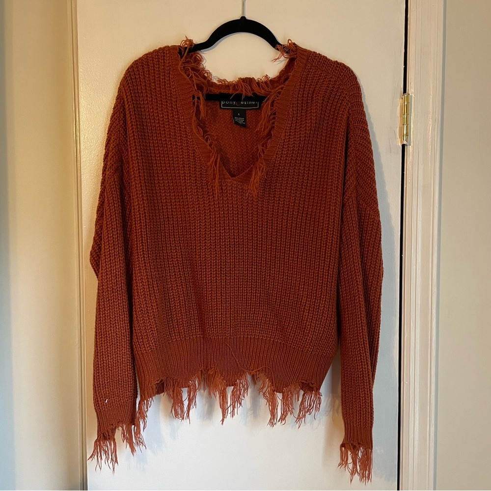 Polly & Esther Fringe V Neck Distressed Rust Sweater